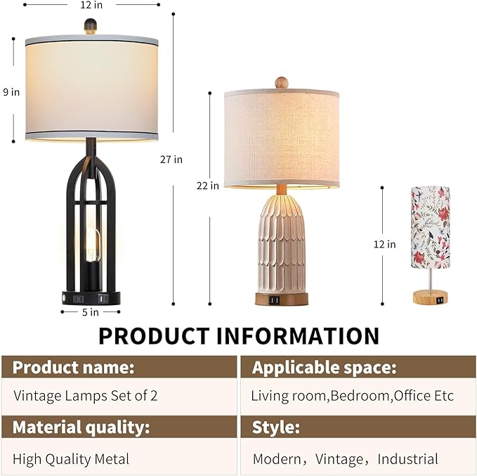 27" Black Table Lamp for Living Room,Black Table Lamps Set of 2 with USB & AC Outlet, 3-Way Dimmable Farmhouse Lamps for Night Stands, Vintage Bedside Lamp for End Tables, Nightstand Lamps for Bedroom - Bloomnest