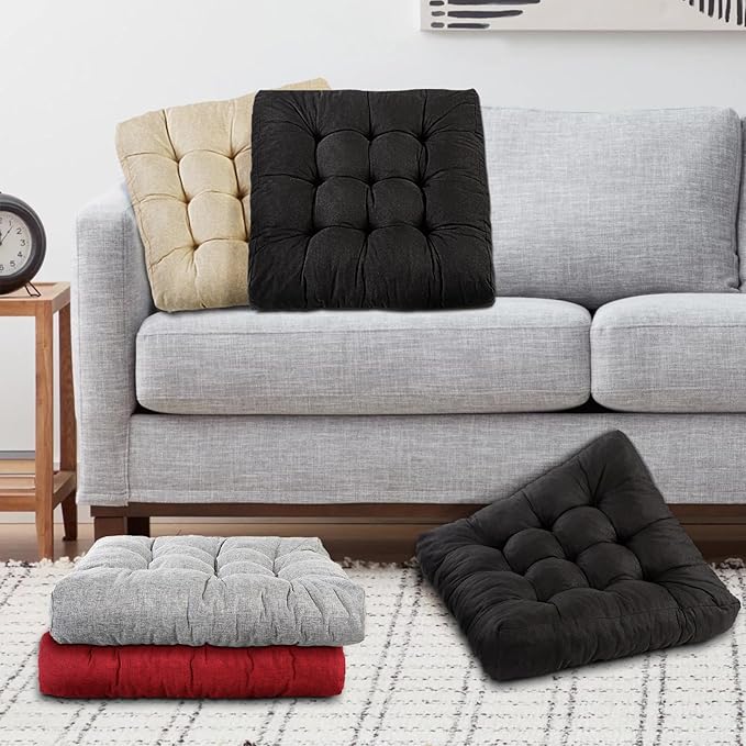 Meditation Floor Cushions Set of 2, Thickened Floor Pillow for Adults, Large Square Pillows Seat Cushion for Tatami Living Room Yoga, Memory Sponge Block Added, 22x22 Inch, Black