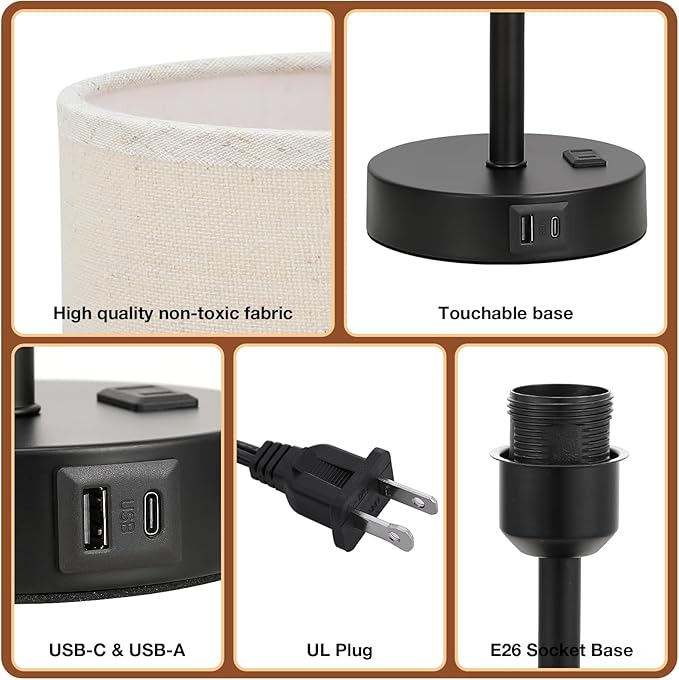 Dicoool Tall Touch Bedside Table Lamp with USB - 3 Way Dimmable Black Lamps for Bedroom Nightstand, Desk Lamp with Black Charging Station for Dorm, Office, Kids Room - Bloomnest