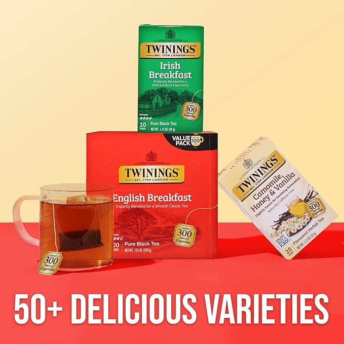 Twinings English Breakfast Black Tea Individually Wrapped Bags, 100 Count (Pack of 1), Smooth, Flavourful, and Robust, Caffeinated, Enjoy Hot or Iced, 100 Teabags - Bloomnest
