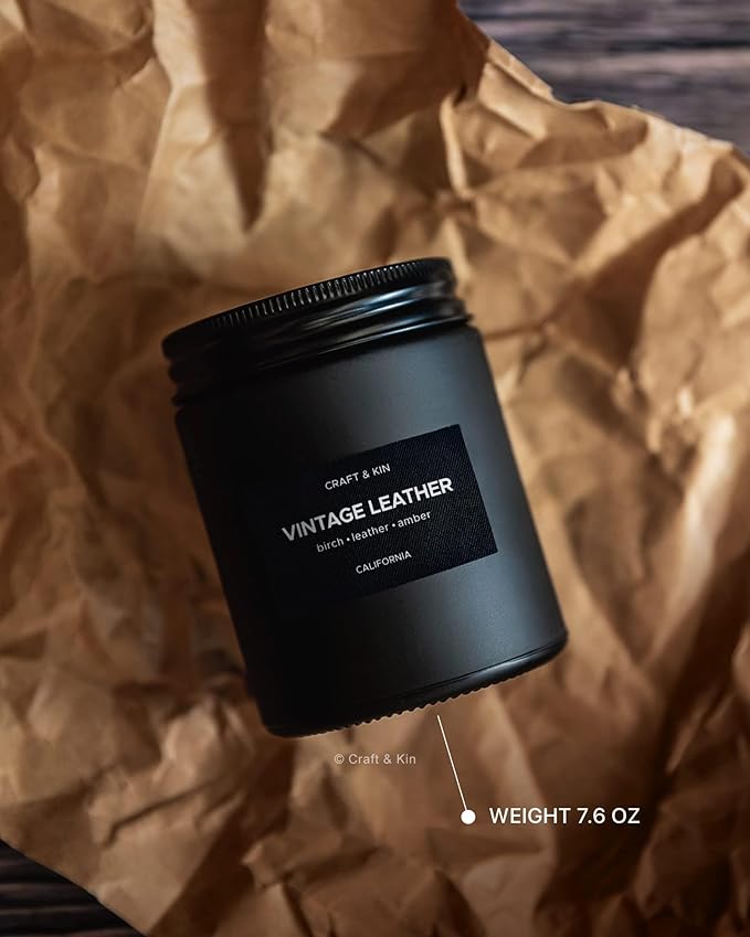 Craft & Kin Premium Vintage Leather Candle | Black Christmas Scented Candles for Men | Long Lasting with 45 Hour Burn Time, 7.6oz | Soy Holiday Candles | Aromatherapy at Home | Gifts for Men - Bloomnest