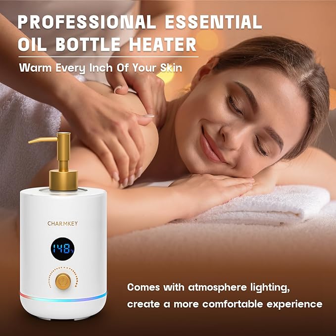 CHARMKEY Massage Oil Warmer White, 2 Oil Bottle Dispensers & 2 Silicone Funnels, Digital Heater for SPA, Oil Lotion Cream for Salon, Barber Shops, Home - Bloomnest