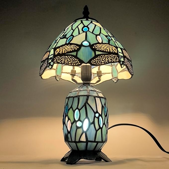 Small Tiffany Lamp Stained Glass Table Lamp Mini Mother Daughter Vase Desk Accent Light for Bedroom Bedside Reading Home Antique Style Decor 8X14 Inches (Sea Blue Dragonfly) - Bloomnest
