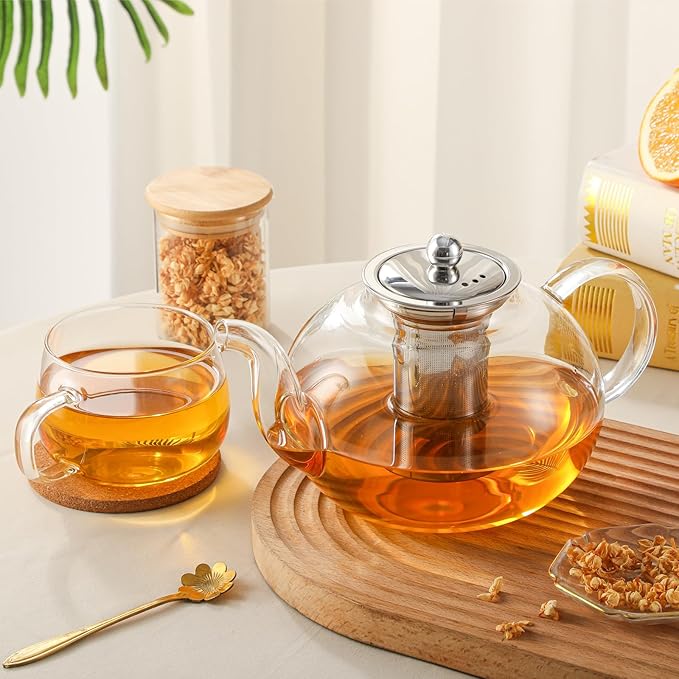 50OZ/1500ML Glass Teapot Set with 4 Teacups & Removable Stainless Steel Infuser, Stovetop & Microwave Safe Clear Tea Maker Water Kettle with 12OZ/360ML Tea Cups for Loose Leaf Blooming Tea - Bloomnest