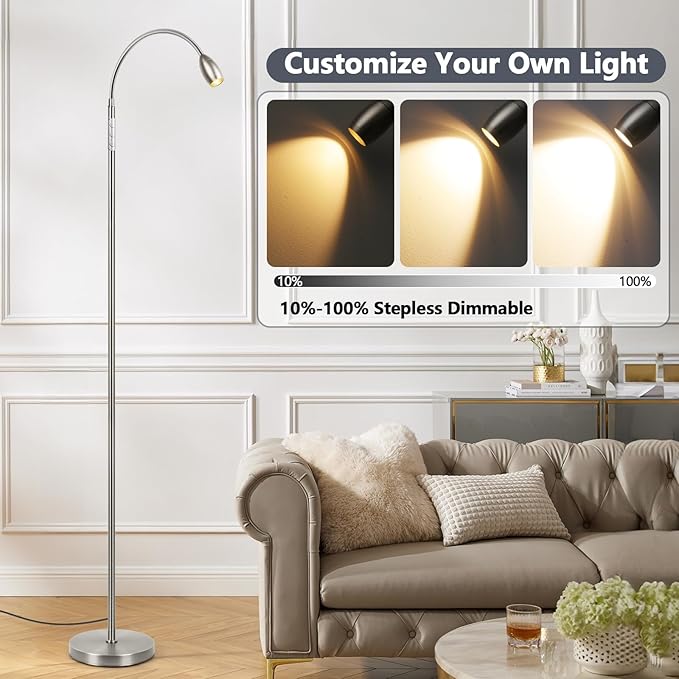 Reading Floor Lamp, 72" Tall LED Lamp with Flexible Gooseneck, Dimmable Zoomable Spotlight, Adjustable Color Beam Standing Lamp, Touch & Remote Control, Task Craft Bedroom Living Room (Brushed Nickel) - Bloomnest