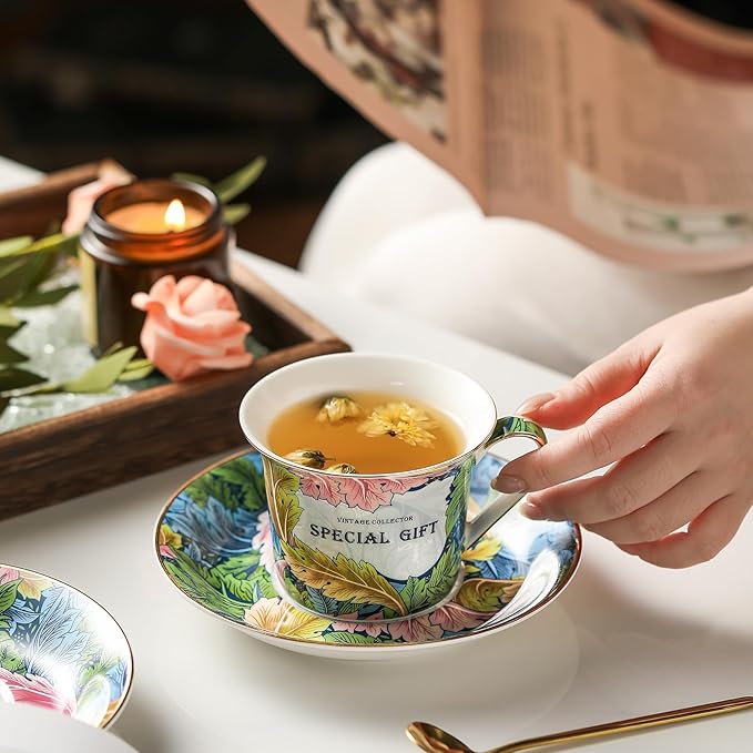 ACMLIFE Tea Cup and Saucer Set for 1, Vintage Floral Bone China Tea Cup Set with Saucer 24K Gold, Porcelain Tea Cup with Spoon and Gift Box, 6.8 oz (Green) - Bloomnest