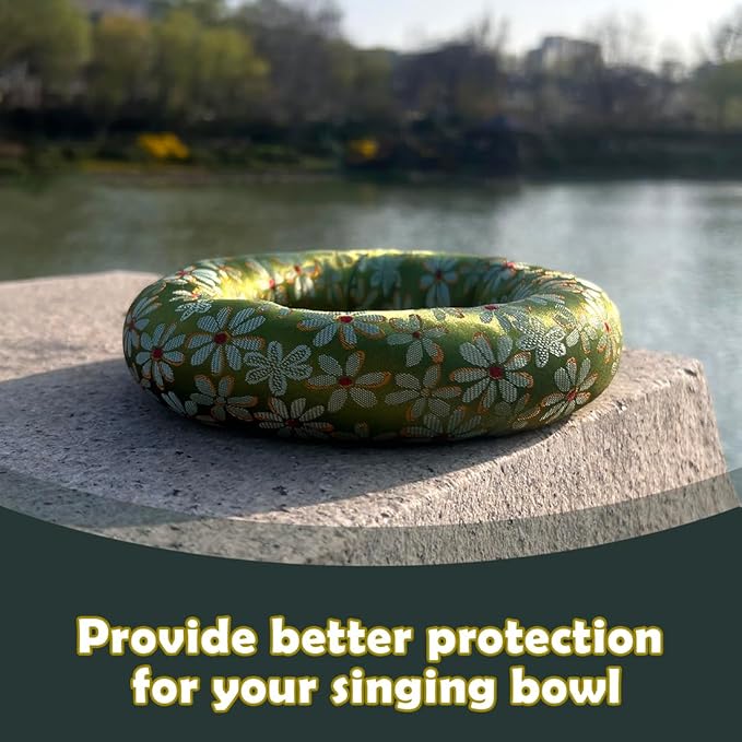 Singing Bowl Cushion for Tibetan Singing Bowls, Handmade Silk Brocade Round Cushion Pillow for Sound Healing and Crystal Sound Bowls Accessories(6.7 Inch,Green) - Bloomnest