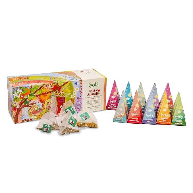 Lazika Tea Variety Pack with Lovely Presentation Box, Black, Green and Herbal Tea Sampler Gift Set, 20 Counts, Premium Collection with Pyramid Infuser Bag, Handcrafted - Bloomnest