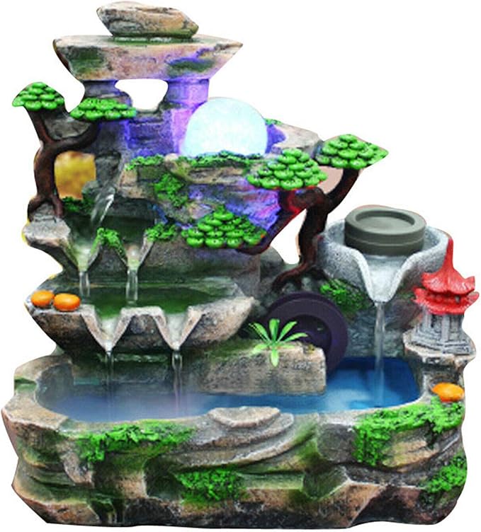 Tabletop Fountain Decorations,Tabletop Fountain Indoor Humidifier with Rockery Mountain Waterfalls,Plant,LED Light,Rockery Crafts Gift Fountain for Home Office Bedroom Desk Ornaments,US Stock - Bloomnest