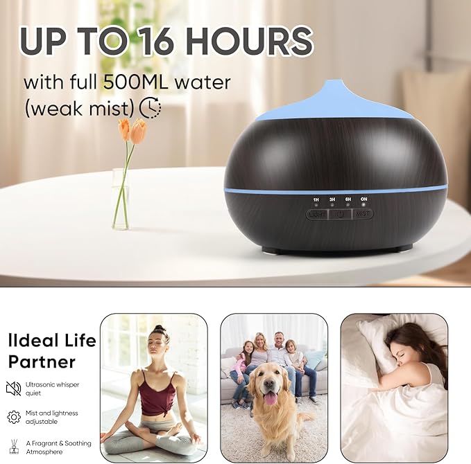 HAPPTWS 500ML Essential Oil Diffuser - BPA Free Ultrasonic Aromatherapy Diffuser, with 7-Color Lights Waterless Auto Shut Off for Home、Room、pet Room - Black HAPPTWS