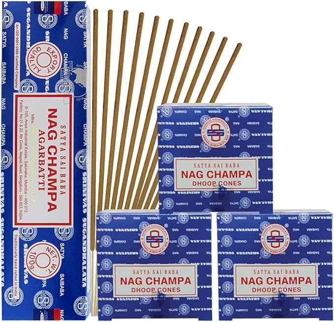 Nag Champa Incense Sticks 100g and Cones Variety Pack with Burner Holder Bundle from Satya Incense 100g Trumiri for Smudging and Aroma