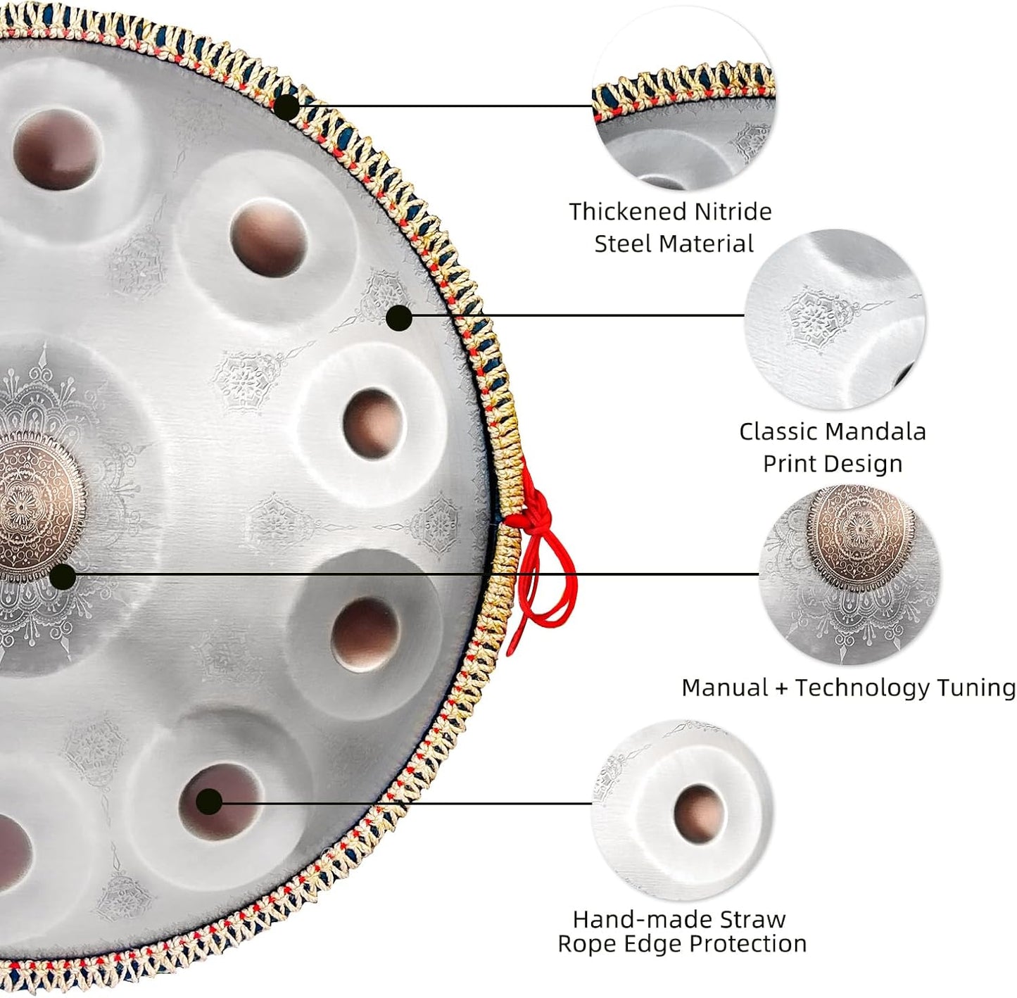 Handpan Drum,22inch 10 Sounds D Minor Silver Print 432hz Handpan,Adult's Steel Hand Pan Instrument,Sounds Clean Clear Ethereal
