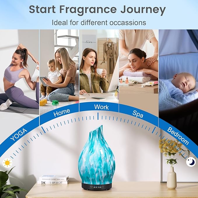 Essential Oil Diffuser, 120ML Glass Aromatherapy Diffuser with Auto Shut-Off and 7 Color LED Lights, Ultrasonic Mist Humidifier with 4 Timer for Home Office Bedroom (Blue Mountain) - Bloomnest