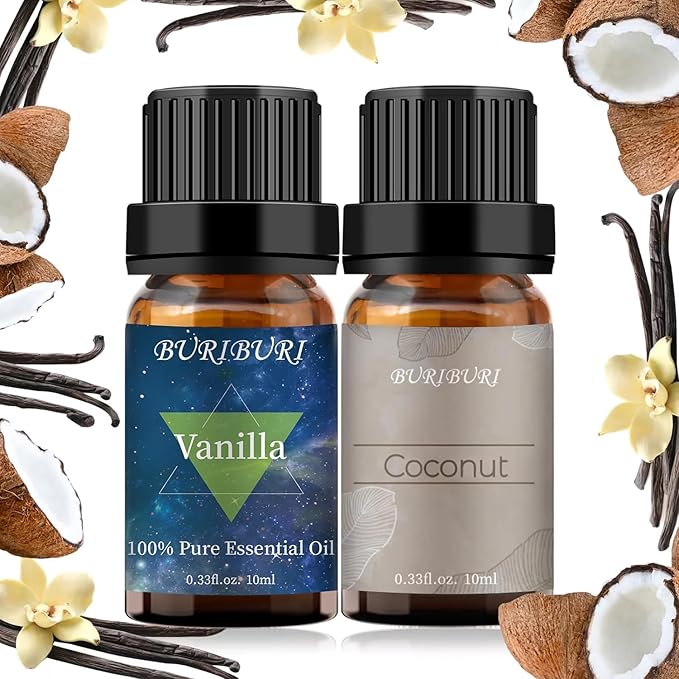 BURIBURI Vanilla Essential Oil and Coconut Oil Essential Oil, 2Pack Essential Oil Set, 100% Pure, Natural Essential Oils 10ml for Diffusers, Masage, Candle Making Soap Making BURIBURI