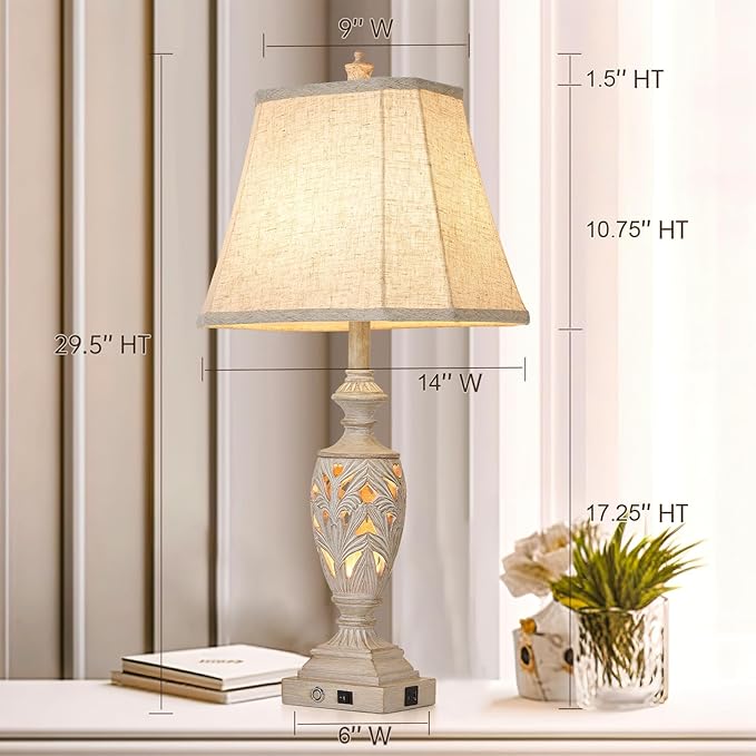 29.5"H Touch Control Traditional Table Lamp Set of 2,Vintage Bedside Lamp Nightstand Lamps with Dual USB Ports,3-Way Dimmable Hollow Out Leafwork White Washed Finish Desk Lamps for Living Room,Bedroom - Bloomnest