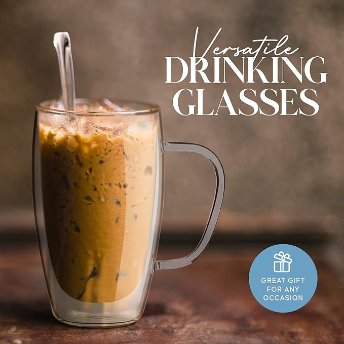 Kitchables Double Walled Glass Coffee Mugs Set of 2, 15oz - Insulated Glass Coffee Mugs for Cappuccino, Latte, Tea, Espresso - Latte Cup - Tazas Para Cafe - Bloomnest