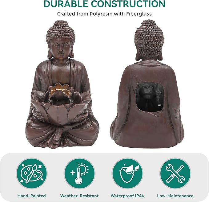 18.9" H Buddha Outdoor Water Fountain with LED Lights and Pump,Zen Style Relaxing Garden Fountain Waterfall for Patio, Porch, or Yard, Faux Bronze