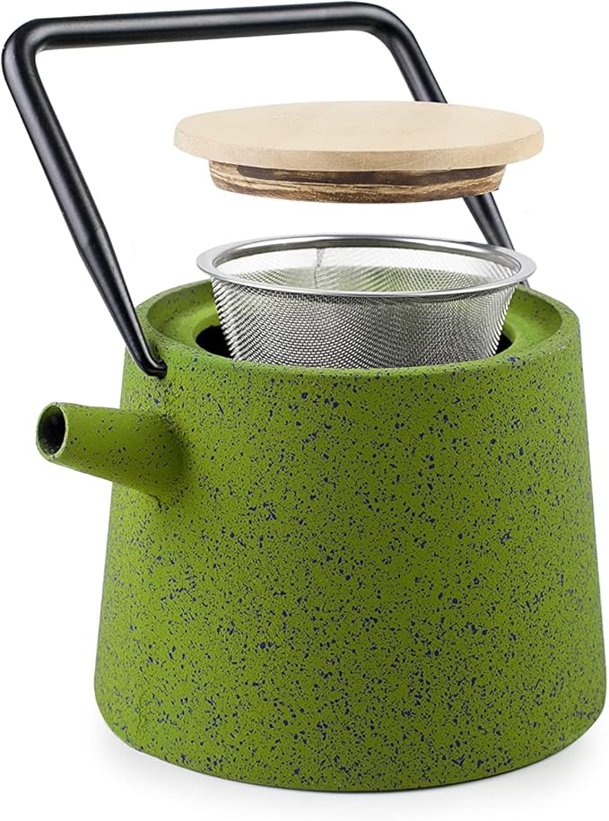 IBILI 40 Oz Cast Iron Teapot, Stainless Steel Infuser, Enameled Interior, Stovetop & Induction Compatible, Japanese Kettle for Loose Leaf Tea, Tetsubin Design, Earthy Bamboo Green, Made in Spain - Bloomnest