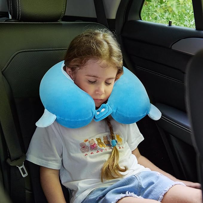 Kids Neck Pillow for Traveling, Adujstable Airplane Pillow with Travel Bag, Travel Essentials for Long Flights, Soft & Support Airplane Pillow for Headrest Sleep - Blue Shak - Bloomnest