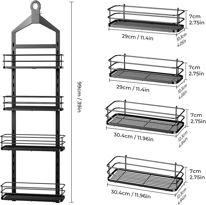 ODesign 4 Tier Height-Adjustable Shower Caddy Hanging Anti-Swing-Over The Shower Head Caddy-Sho wer Storage Organizer Bathroom Shelves Basket Caddies-Black - Bloomnest