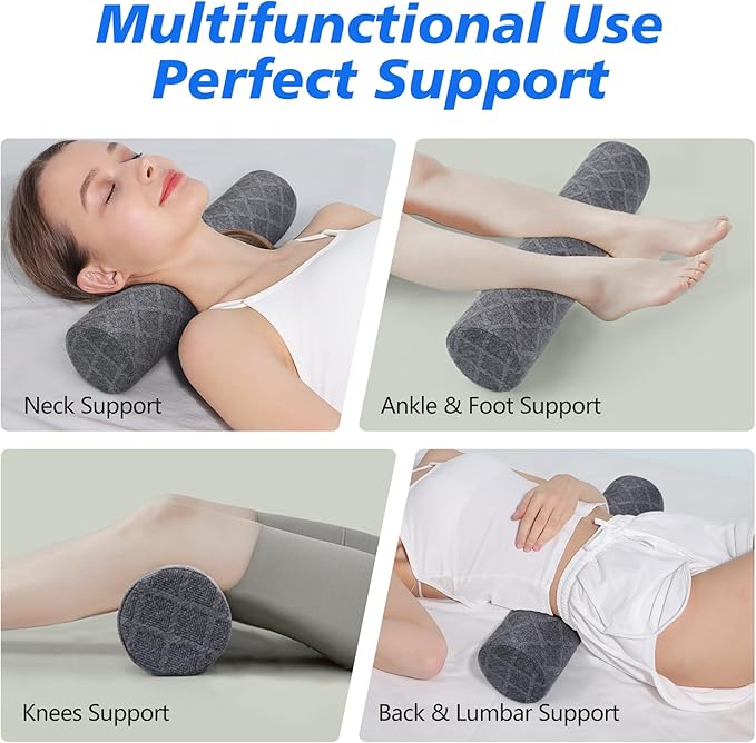 Cozyhealth Cervical Roll Pillow, Medium Soft Memory Foam Neck Round Pillow Cylinder Bolster Pillow for Sleeping, Round Neck Support for Bed, Legs, Back and Yoga (Grey, Large - 4.7" H) - Bloomnest
