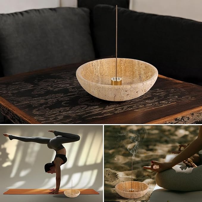 Koville Turkish Natural Travertine Incense Holder, 6" Incense Holders for Sticks, Sturdy Incense Burner Ash Catcher, Ideal for Meditation, Relaxing, Easy to Clean - Bloomnest