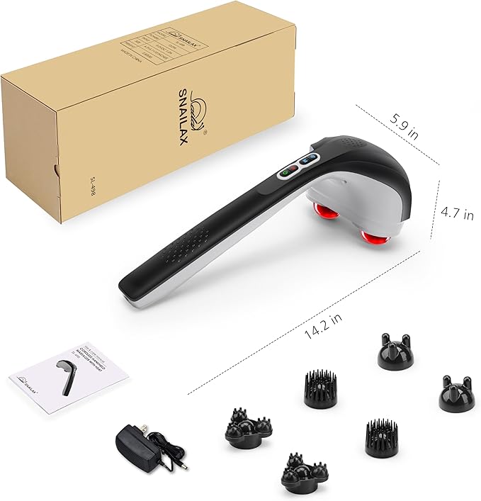 Snailax Cordless Handheld Back Massager with Heat, Deep Tissue Percussion Massager, 3 Sets of Dual Pivoting Heads,Rechargeable Hand Held Massager for Neck,Back Shoulder,Calf,Legs - Bloomnest
