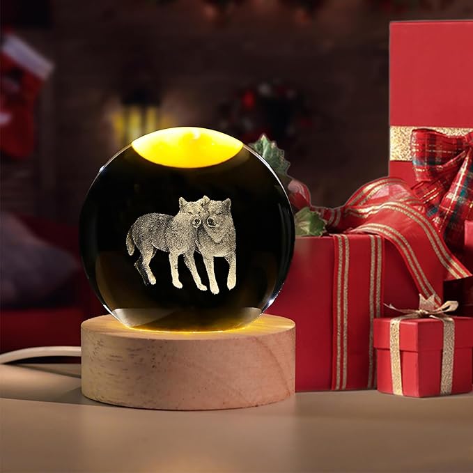 3D Wolf Crystal Ball with LED Light Base, 60mm Glass Sphere Decorative Balls, Wolf Figurine Lamp Gifts for Women Kids - Bloomnest