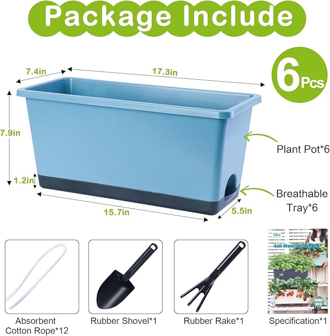 Window Box Planter 6 Pcs, 17 Inches Rectangle Flower Pots with Drainage Holes and Trays, Vegetable Planters for Windowsill Patio Garden Balcony Indoor Outdoor (Blue, 17 * 7.4 * 7.8 inch) - Bloomnest