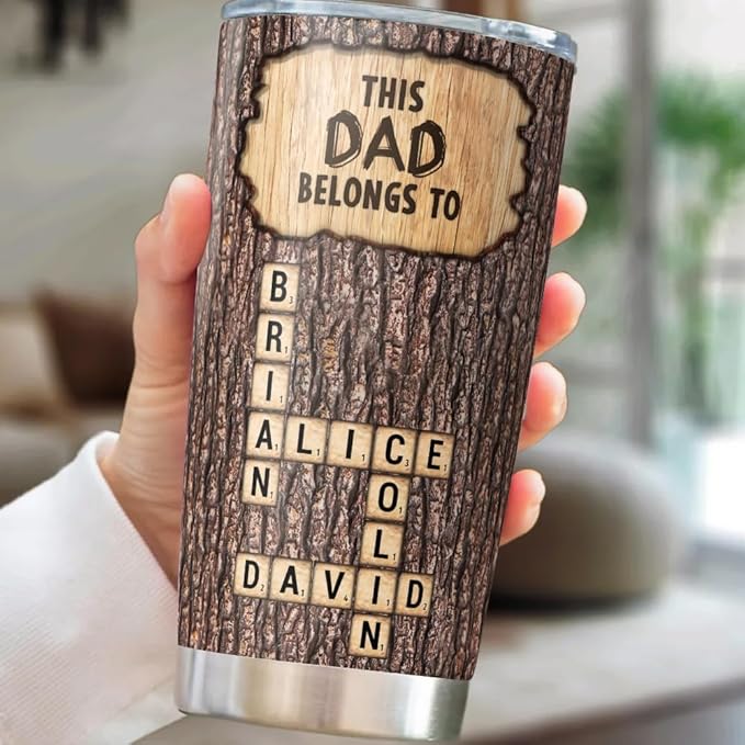 Personalized Crossword Tumbler for Dad, Custom 20oz & 30oz Stainless Steel Insulated Mug with Kids’ Names, Rustic Wood Design, Unique Father’s Day Gift for Dad, Husband or Grandpa - Bloomnest