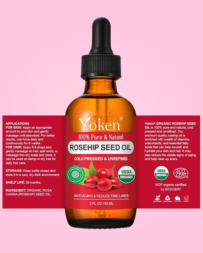 Organic Rosehip Seed Oil for Face,100% USDA Pure Rosehip Oils for Skin,Scars,Hair & Nails.2 fl Oz Cold Pressed Rose HIPS Oils for Skin Care, Anti-Aging, Scar Treatment, GUA SHA Massage Carrier Oil - Bloomnest
