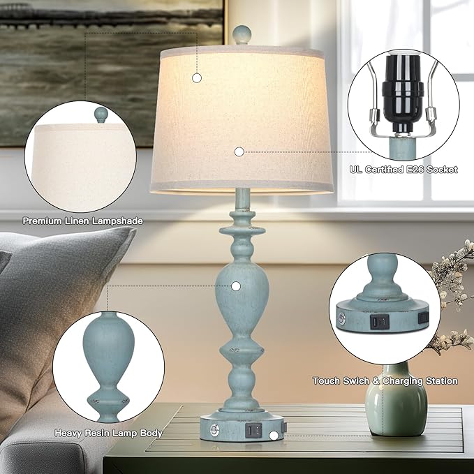 27.5" Coastal Table Lamp for Living Room Set of 2,Retro Blue Bedside Nightstand Lamps with USB C+A Ports & AC Outlet,3-Way Dimmable Touch Control Desk Lamp for Bedroom - Bloomnest