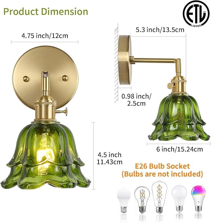 Vintage Wall Sconces Set of 2, Rose Green Lampshade & 180 Degree Adjustable, Brass Wall Lights, for Bedroom Living Room Hallway Aisle, Bulbs Not Included, ETL Listed - Bloomnest