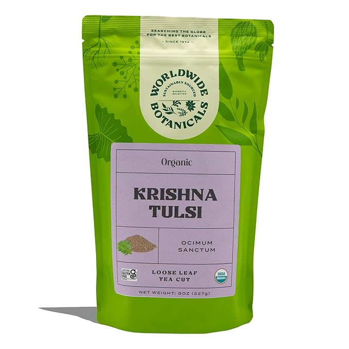 Worldwide Botanicals Organic Holy Basil Tea, 8oz - Tulsi Krishna - Loose Leaf Premium Herbal Tea, 100% Pure Tulsi Holy Basil, Fair Trade, Adaptogenic, Kosher - Bloomnest