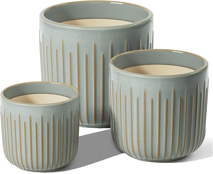 LE TAUCI Fluted Ceramic Planters Set of 3 – 8.3/7 / 5.7 in Blue Gray Reactive Cylinder Indoor Plant Pots with Drainage Plug & Mesh, Glossy Stoneware Flower Pots for Succulents Herbs - Bloomnest