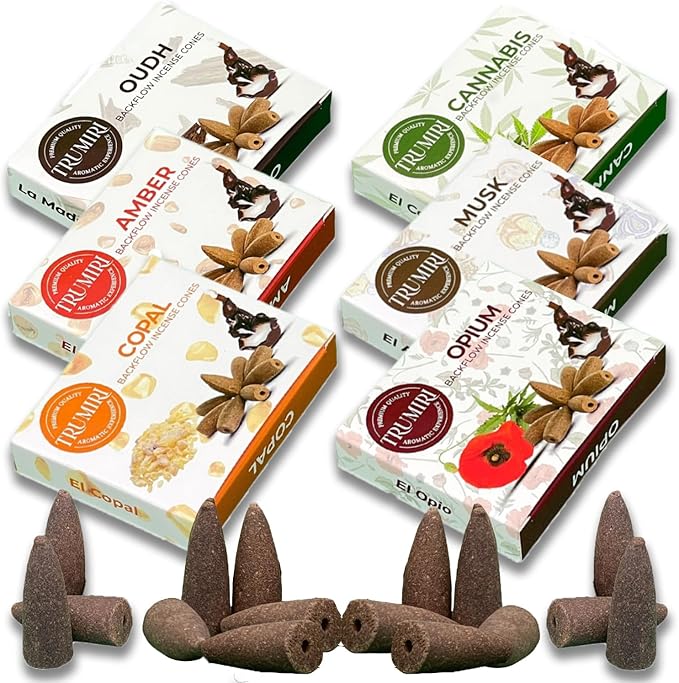 Exotic - Backflow Incense Cones for Waterfall - Scented Inscents-Cones - Copal, Amber, Musk, Oud - Insiensos Aromaticos - 6x10=60 Large Variety Pack TRUMIRI
