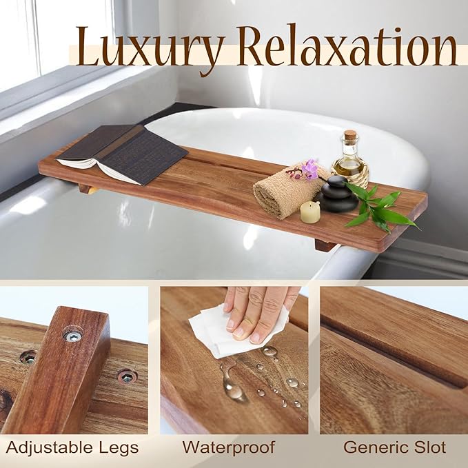 Premium 1.2IN Thickened Board Acacia Wood Bathtub Tray Caddy with Adjustable Legs, Minimalistic Design Bath Tray for Tub, Bathtub Accessories, Fits Most Bath Tubs, Idea for Women - Bloomnest