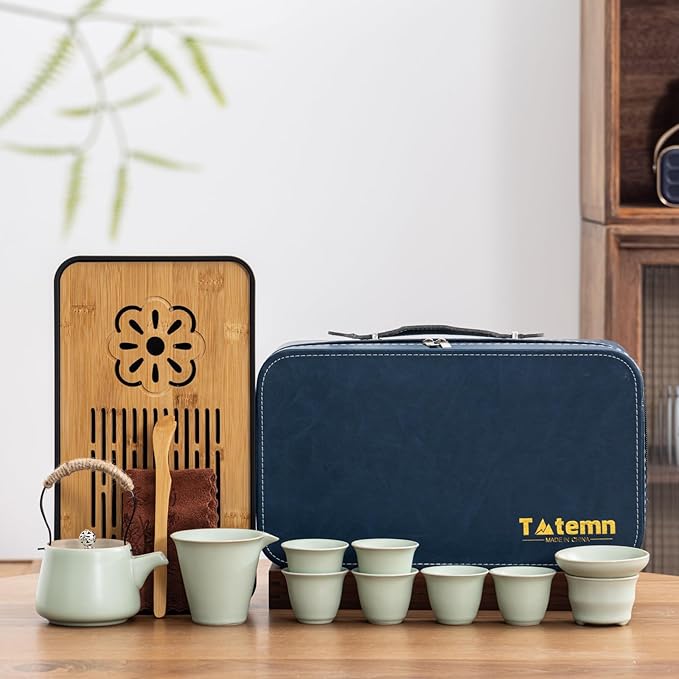 Travel tea set,Portable ceramic tea set,Chinese tea set,Tea sets for adults,Tea pot sets,Portable Travel Bag,Home,Gifting,Outdoor and Office,茶具 (Light green) - Bloomnest