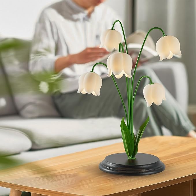 Lily of The Valley Table Lamp with Remote - 17.7 H x 13 W x 13 D, 5 Blossom Dimmable Night Light, Wood Base & Gift Box, Elegant Bedroom Decor for Women/Mom