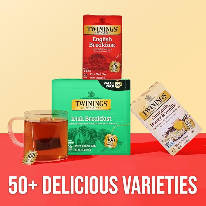 Twinings Irish Breakfast Black Tea Individually Wrapped Bags, 100 Count (Pack of 1), Flavourful, Bold, and Robust, Caffeinated, Enjoy Hot or Iced, 100 Teabags - Bloomnest