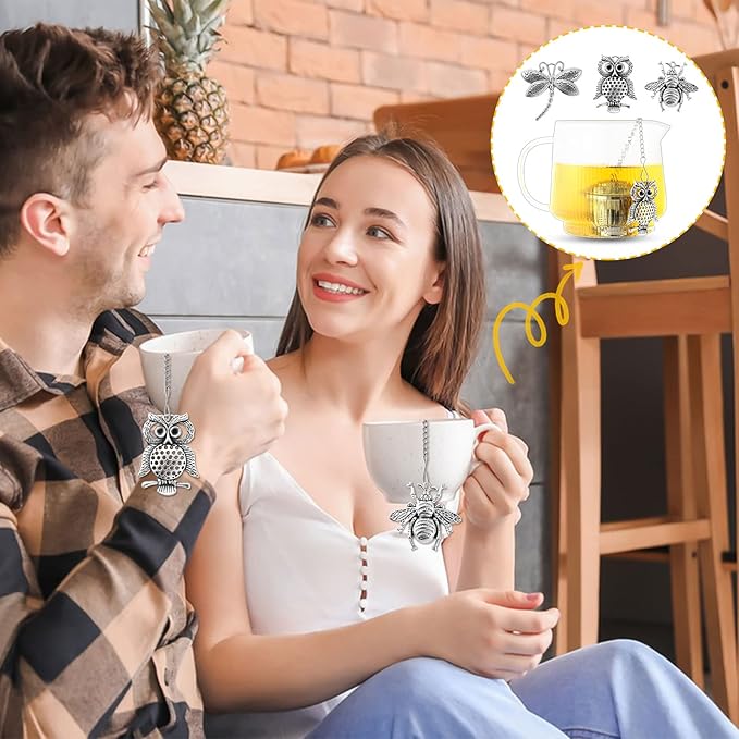 3 Sets Tea Infusers Tea Strainers for Loose Tea Fine Mesh Tea Steeper Stainless Tea Diffuser Tea Filters with Drip Trays and Pendant for Christmas Gift Brew Fine Loose Tea Leave (Insects Style)