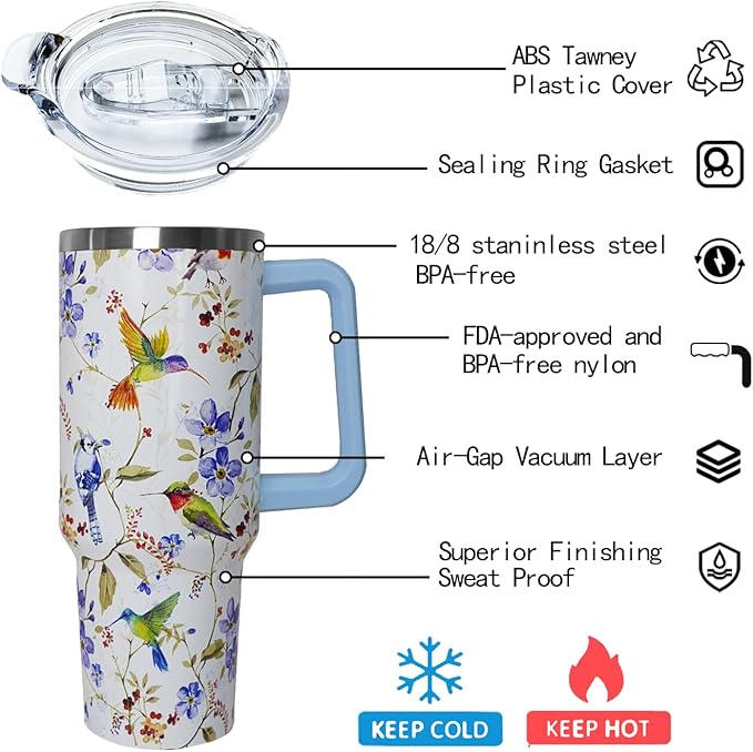 Ceovfoi 40 oz Hummingbird Tumbler with Handle Lid and Straw,Hummingbird Stainless Steel Coffee Tumbler Mug Cup Watter Botter,Bird Gifts for Bird Lovers Women, Hummingbird Stuff/Accessories - Bloomnest