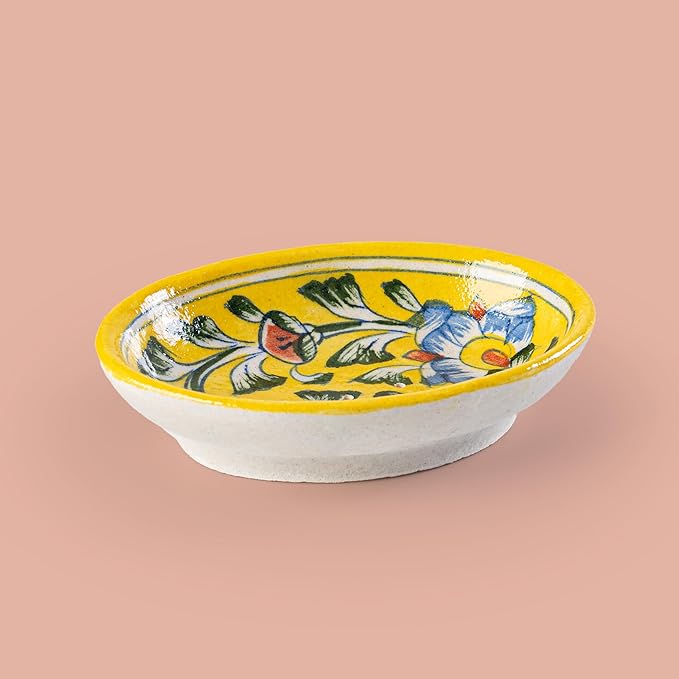Blue Pottery Soap Case Handmade Handicraft Ceramic Decorative Bathroom Accessory for Shower Bathroom Kitchen Sink Bathtub Bathroom Accessories and Gifting (Yellow Flower) - Bloomnest