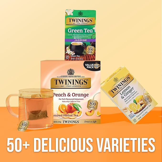 Twinings Peach & Orange Herbal Tea Individually Wrapped Bags, 100 Count (Pack of 1), Juicy & Fruity, Naturally Caffeine-Free, Enjoy Hot or Iced, 100 Teabags