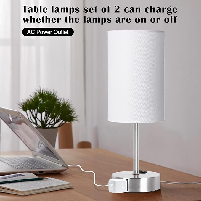 ZJOJO Table Lamp for Bedroom Set of 2, Bedside Small Lamps with 3 Way Dimmable Rocker Switch and AC Outlet, Nightstand Desk Lamp with White Fabric Shade Nickel Base for Living Room Home Decor Lights - Bloomnest