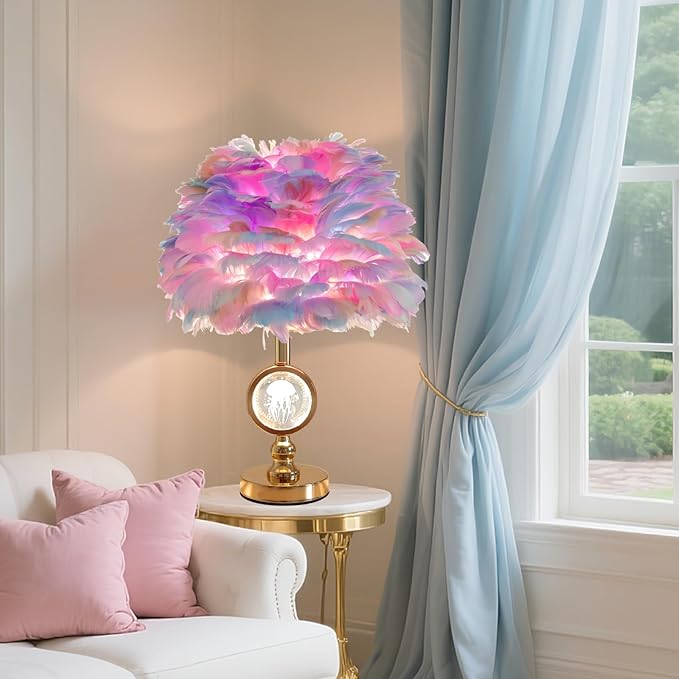 Colorful Feather Lamp Modern Crystal Table Lamp Fluffy Bedside Lamp Romantic Nightstand Light Cute Princess Desk Lamp for Teen Girl Wedding Deco Bedroom Living Room Entryway - Bloomnest