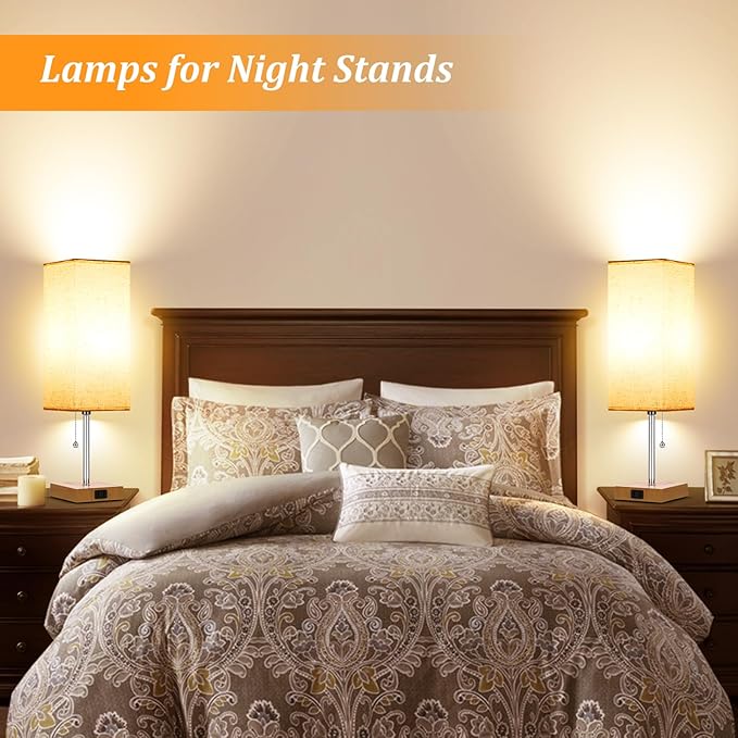 Table Lamp for Bedroom set of 2,3-Color Bedside Lamps with Pull Chain Table Lamps for Nightstand with AC Outlets,18'' Night Light Lamps with 2 Bulbs Lamps for Living Room Kids Room Office Decor(Wood) - Bloomnest
