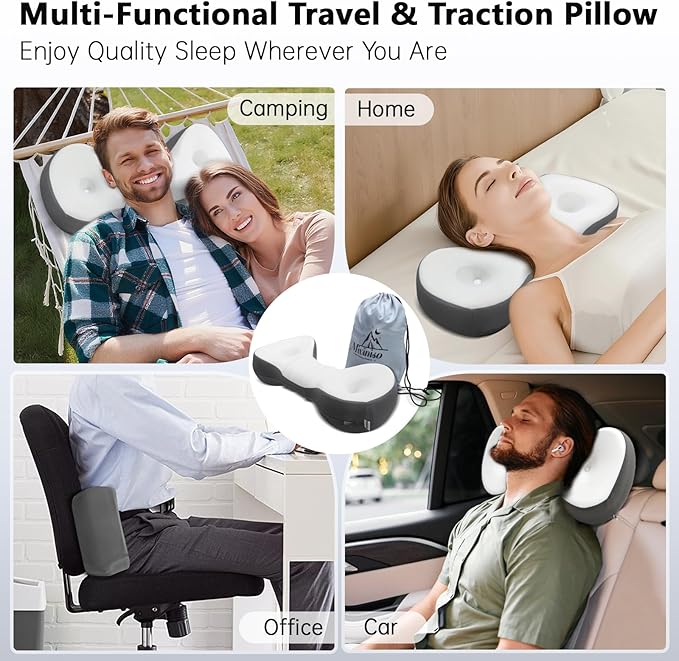 Cervical Neck Roll Pillow, Say Goodbye to Neck Pain, Travel Neck Support Pillow for Side Sleepers, Ergonomic Memory Foam Camping Pillow, Cervical Traction Device with Storage Bag - Bloomnest