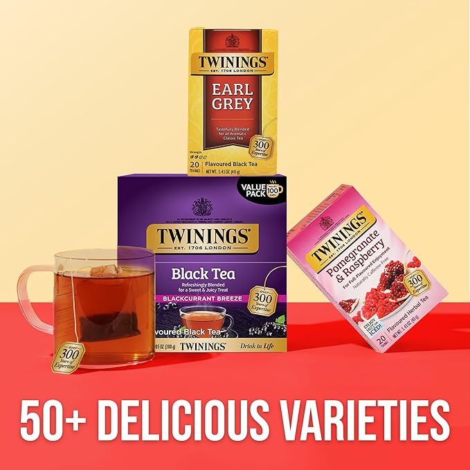 Twinings Blackcurrant Breeze Black Tea Individually Wrapped Bags, 100 Count (Pack of 1), Sweet, Tangy Taste, Caffeinated, Enjoy Hot or Iced, 100 Teabags