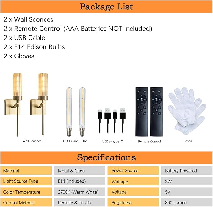 Battery Operated Wall Sconces Set of Two with Remote, Gold Rechargeable Wireless Wall Lights, Sconces Wall Decor Set of 2, Dimmable 2700K Battery Powered Sconce for Bedroom Living Room Hallway - Bloomnest
